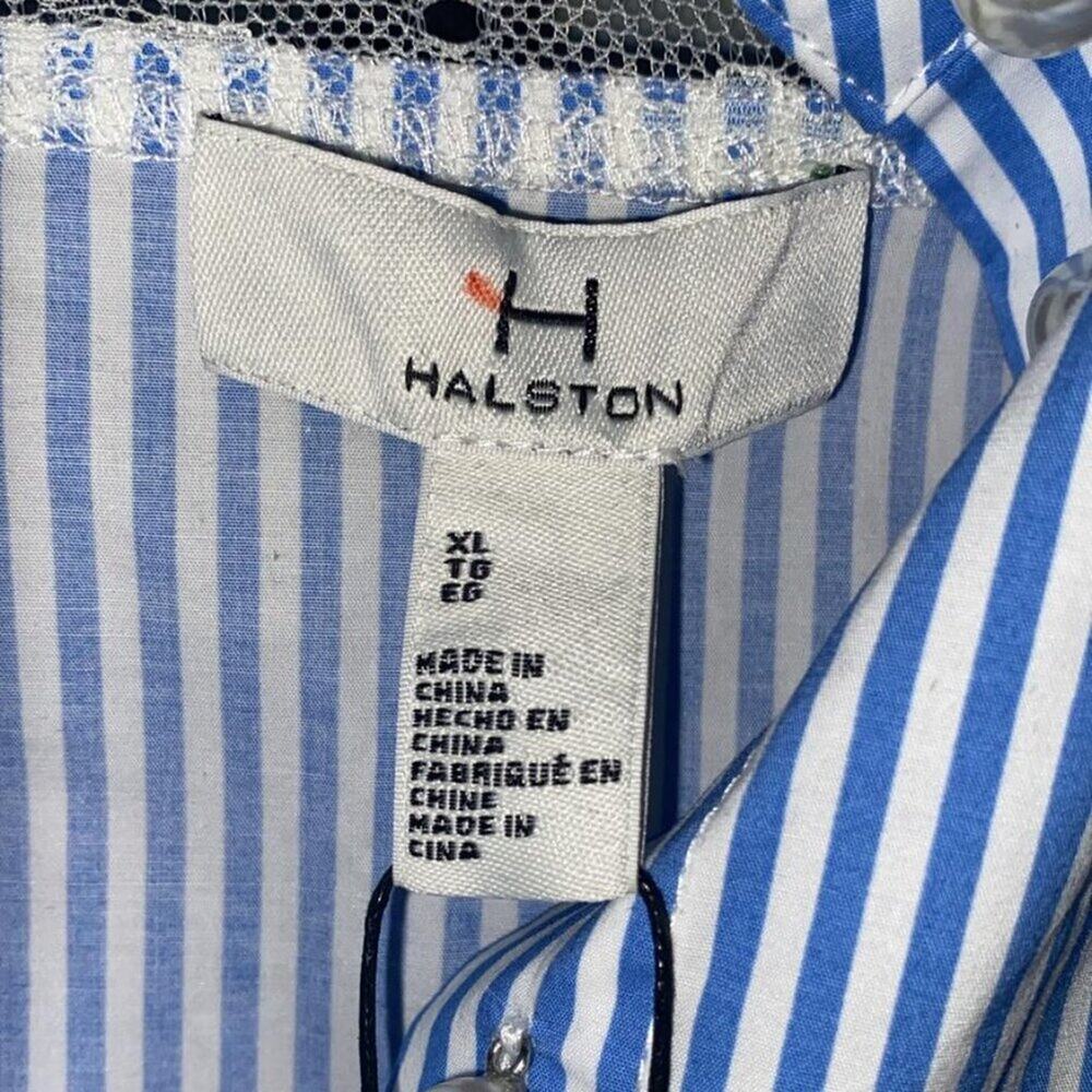Halston Women Blue Striped Stretch Poplin Lace-Trimmed Blouse Top - Picture 5 of 9